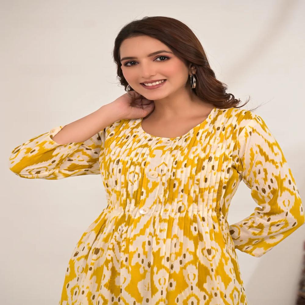 A Line Style Cotton Fabric Yellow Color Kurta And Bottom