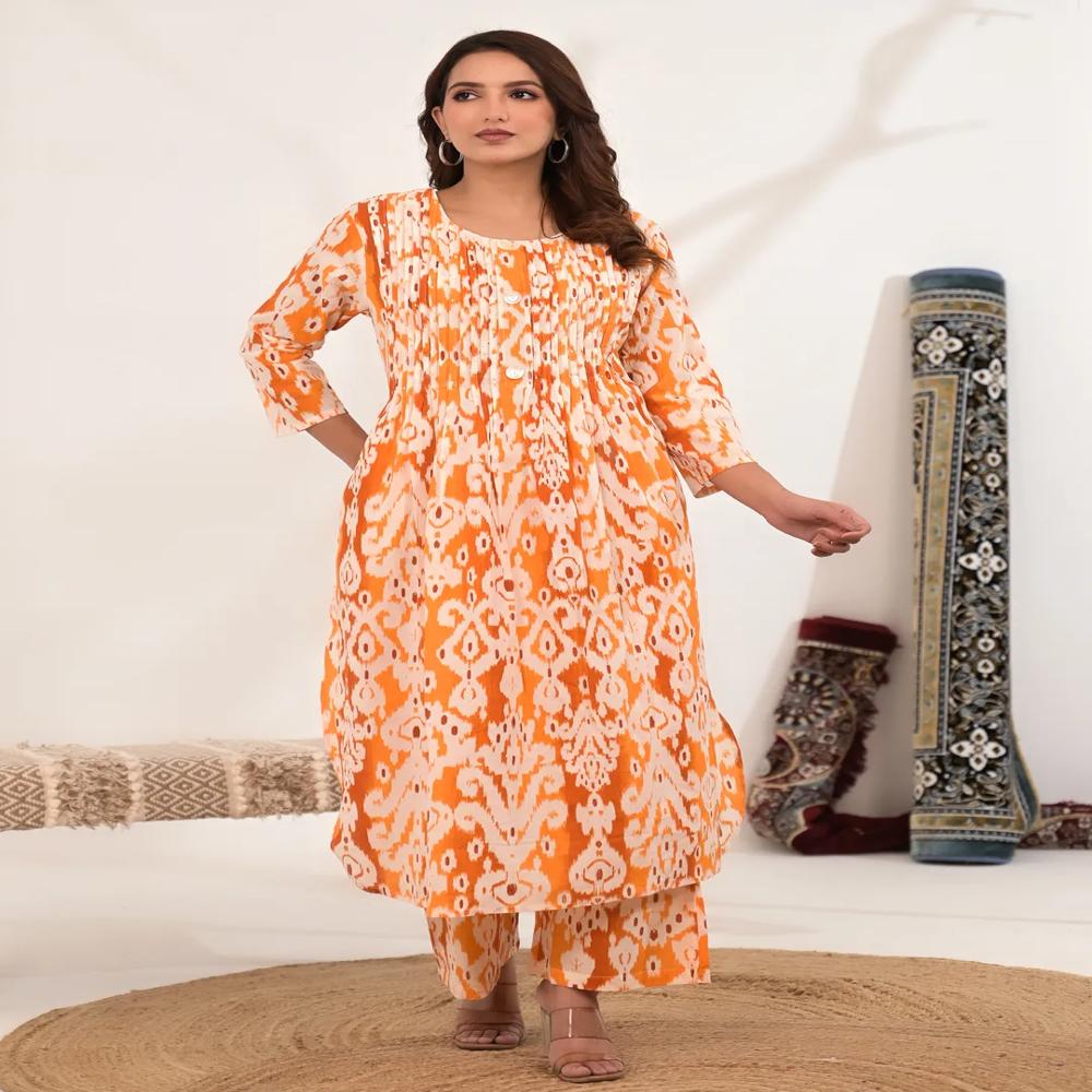Straight Style Cotton Fabric Orange Color Kurta With Bottom