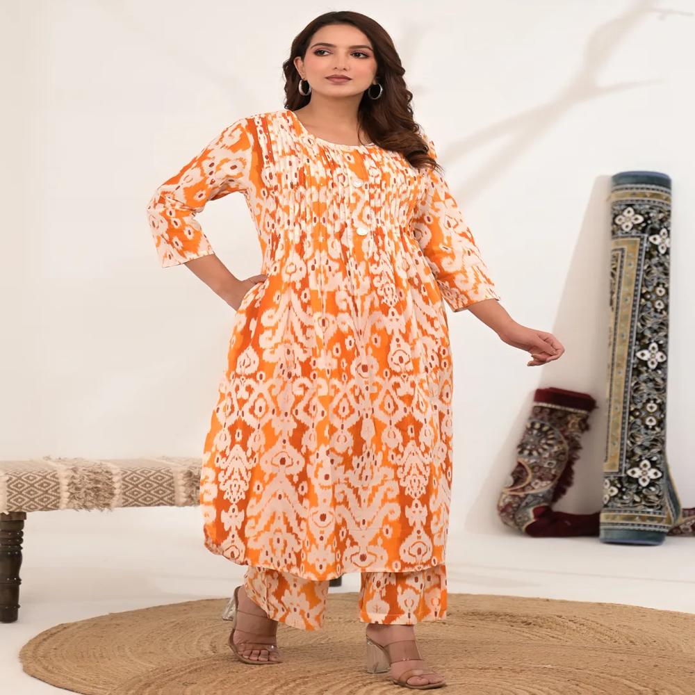 Straight Style Cotton Fabric Orange Color Kurta With Bottom