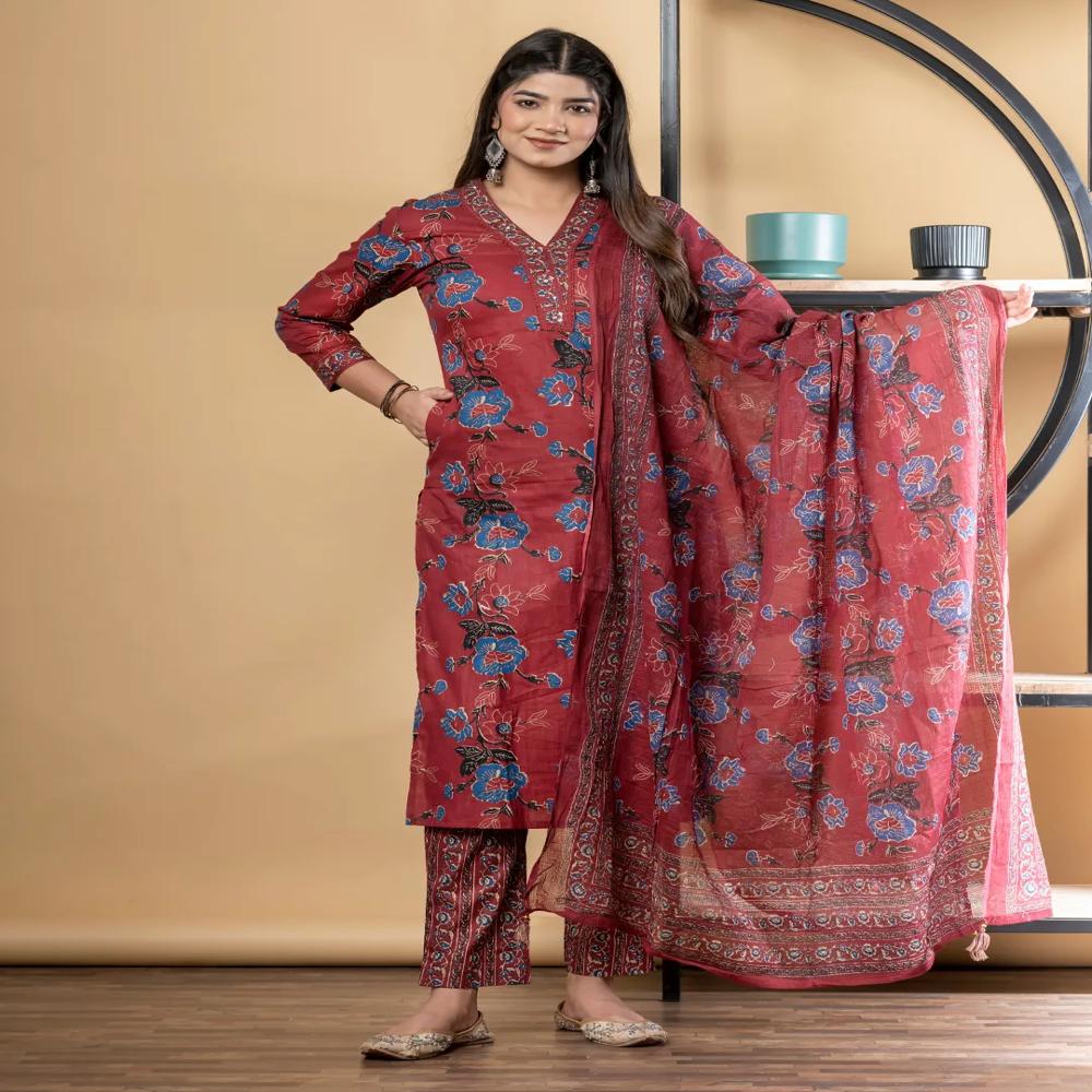 Straight Style Cotton Fabric Maroon Color Kurta And Bottom With Dupatta