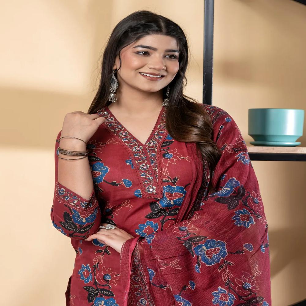 Straight Style Cotton Fabric Maroon Color Kurta And Bottom With Dupatta