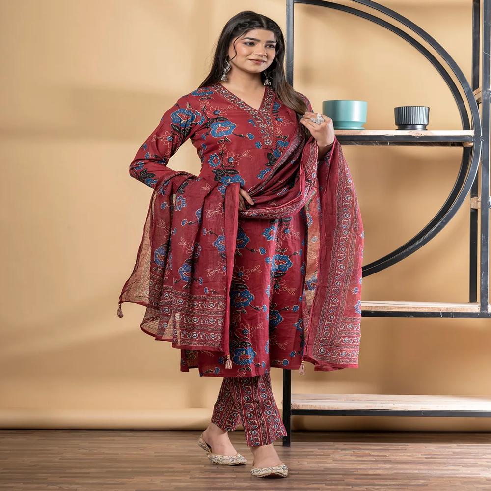 Straight Style Cotton Fabric Maroon Color Kurta And Bottom With Dupatta