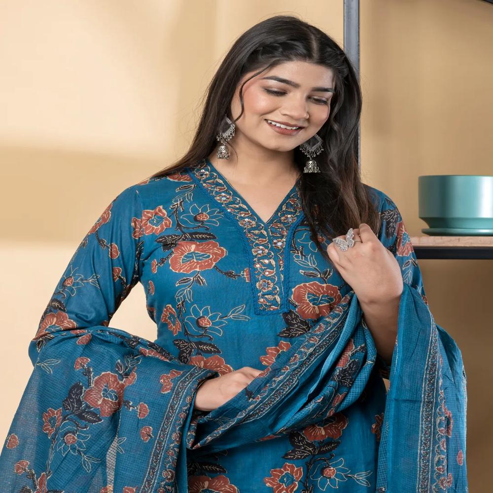 Straight Style Cotton Fabric Blue Color Kurta And Bottom With Dupatta