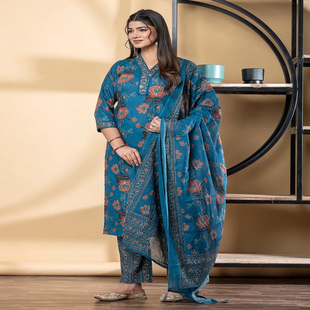Straight Style Cotton Fabric Blue Color Kurta And Bottom With Dupatta
