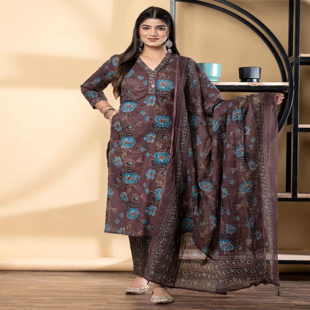 Straight Style Cotton Fabric Coffee Brown Color Kurta And Bottom With Dupatta