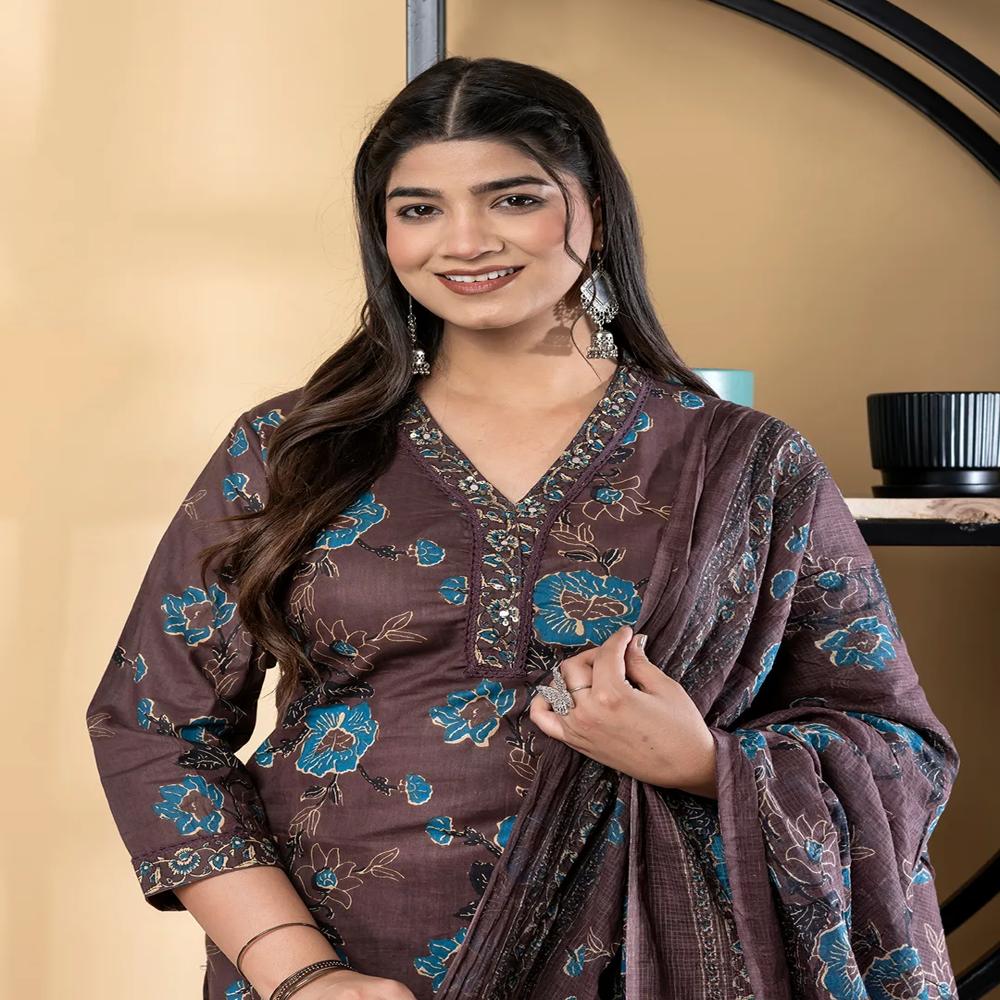 Straight Style Cotton Fabric Coffee Brown Color Kurta And Bottom With Dupatta