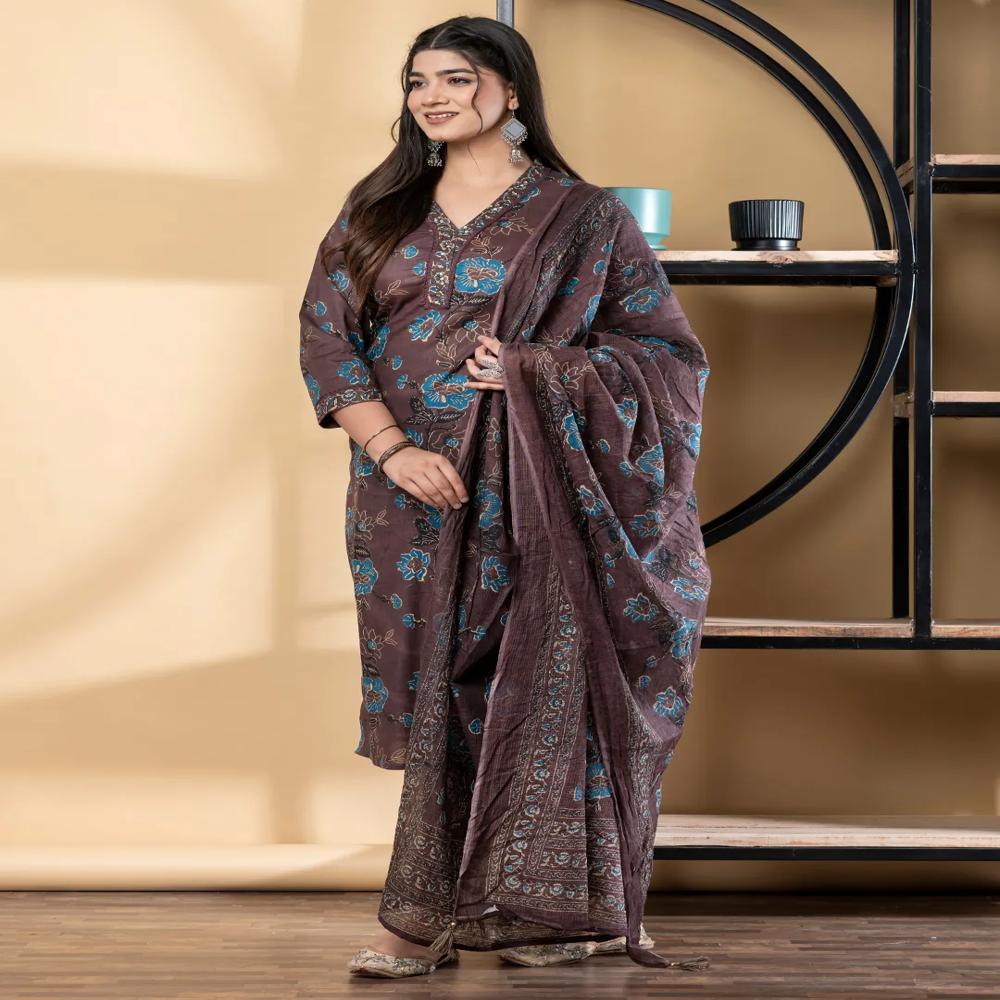 Straight Style Cotton Fabric Coffee Brown Color Kurta And Bottom With Dupatta