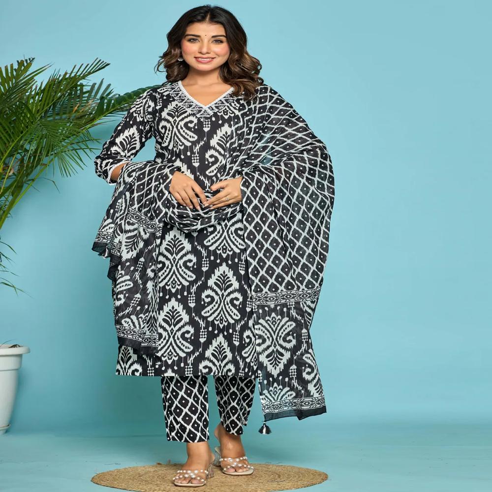 Straight Style Cotton Fabric Black Color Kurta And Bottom With Dupatta