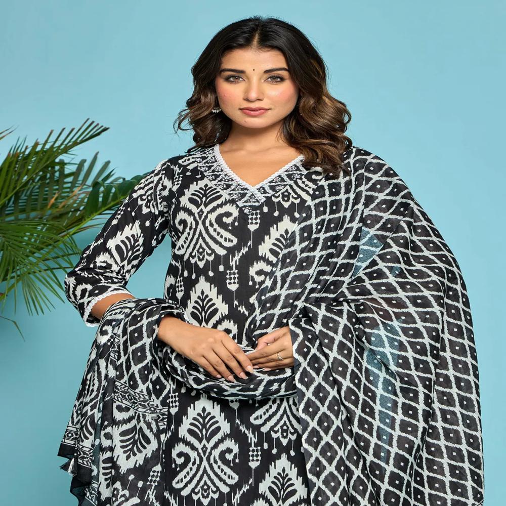 Straight Style Cotton Fabric Black Color Kurta And Bottom With Dupatta