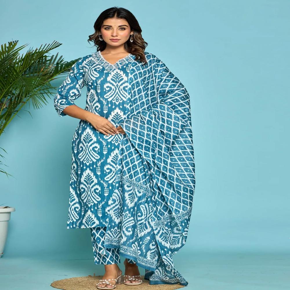 Straight Style Cotton Fabric Teal Color Kurta And Bottom With Dupatta