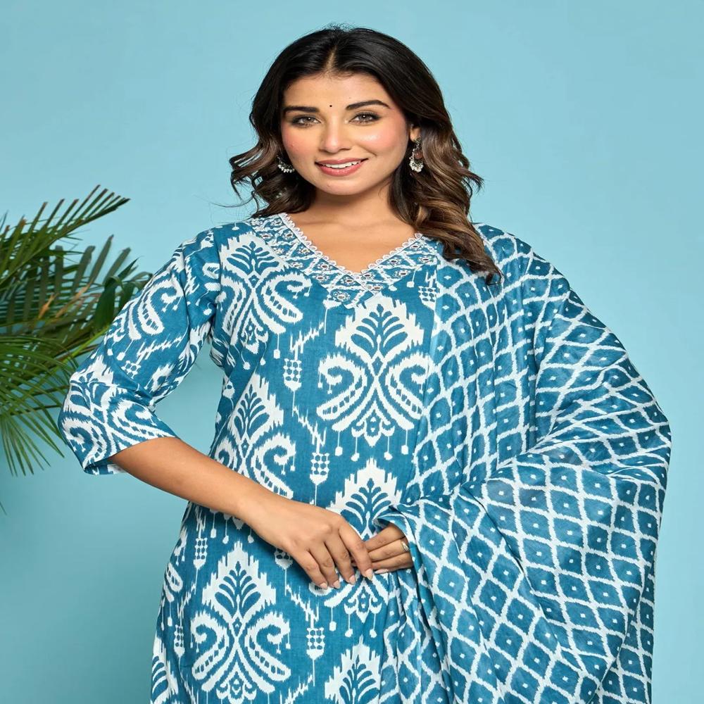Straight Style Cotton Fabric Teal Color Kurta And Bottom With Dupatta