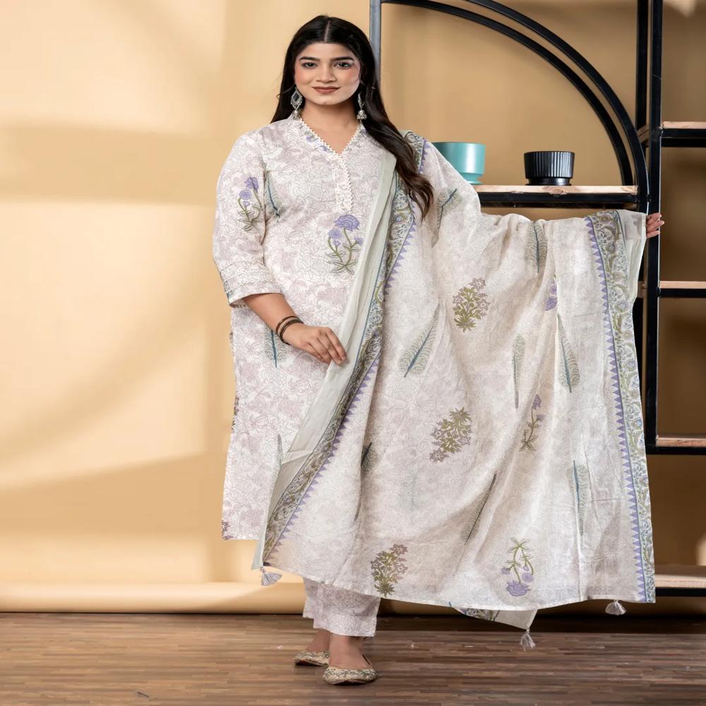 Straight Style Cotton Fabric Purple Color Kurta And Bottom With Dupatta