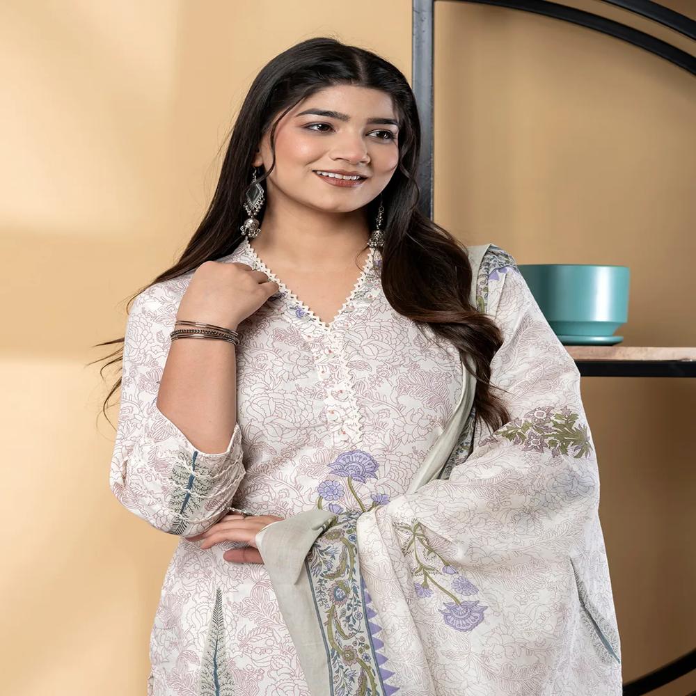 Straight Style Cotton Fabric Purple Color Kurta And Bottom With Dupatta