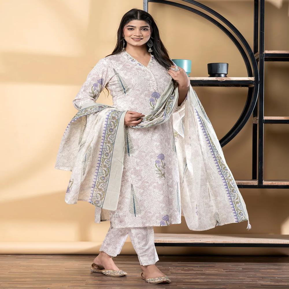 Straight Style Cotton Fabric Purple Color Kurta And Bottom With Dupatta