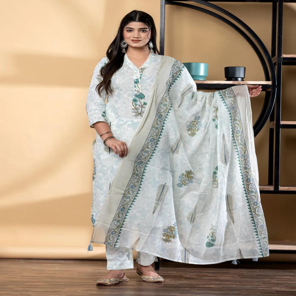 Straight Style Cotton Fabric Blue Color Kurta And Bottom With Dupatta