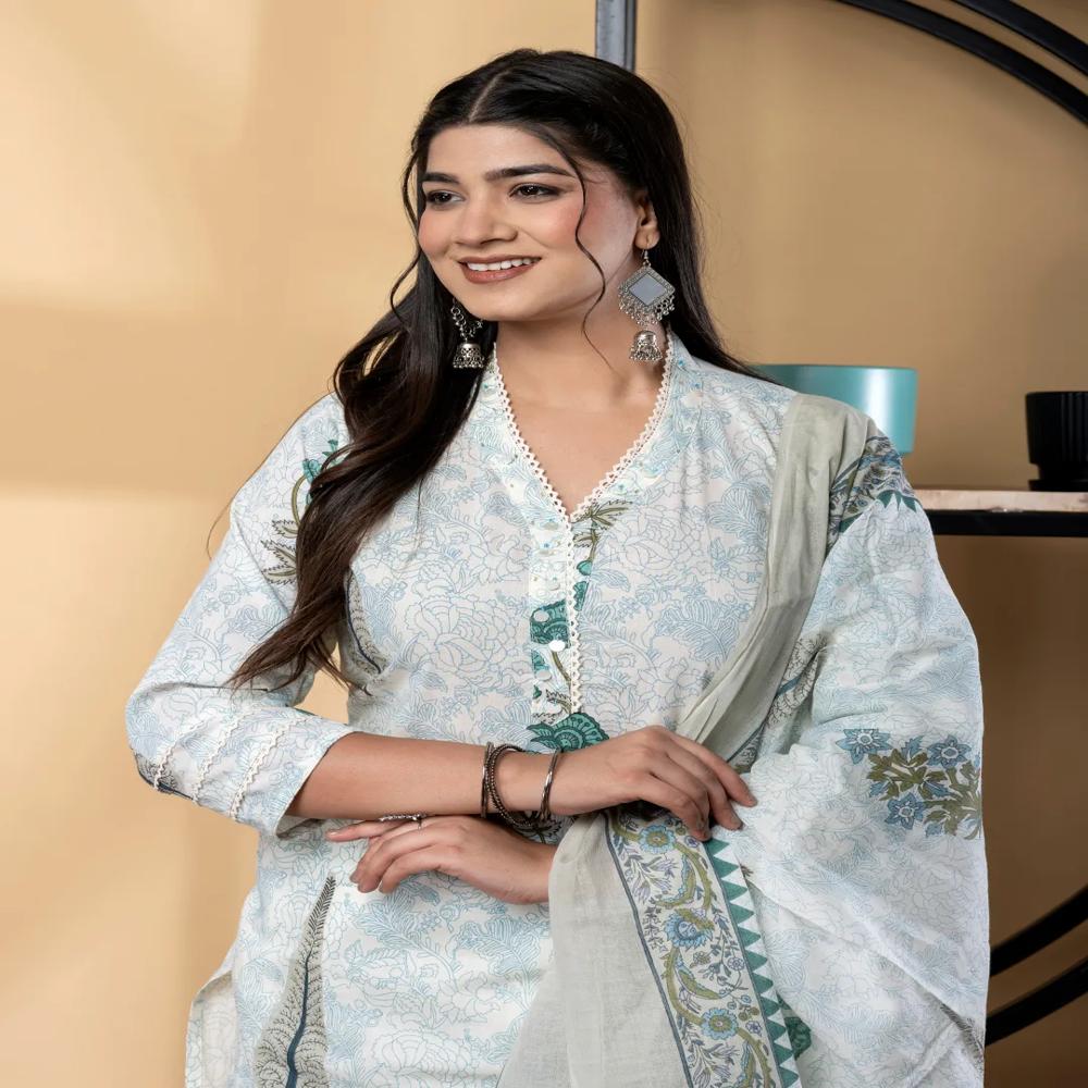 Straight Style Cotton Fabric Blue Color Kurta And Bottom With Dupatta