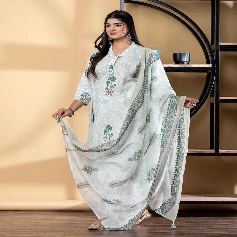 Straight Style Cotton Fabric Blue Color Kurta And Bottom With Dupatta