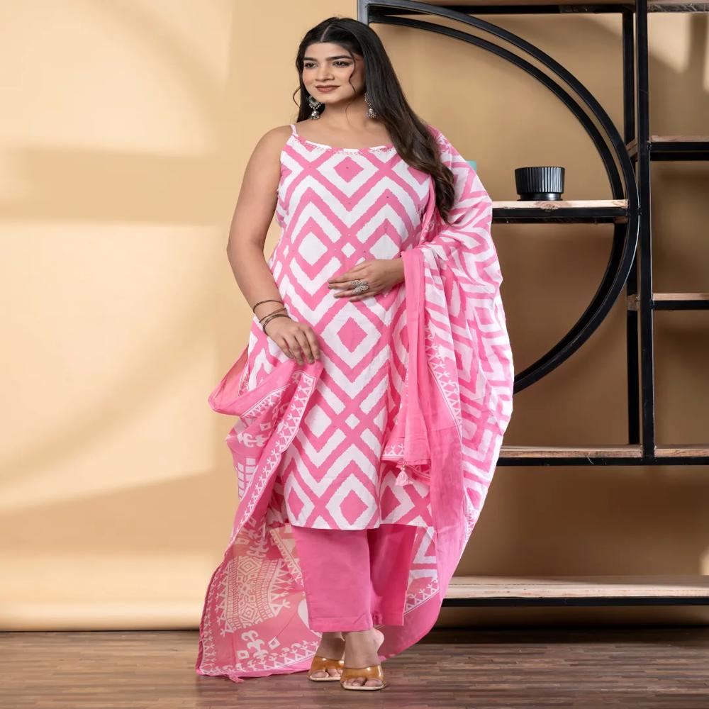 Straight Style Cotton Fabric Pink Color Kurta And Bottom With Dupatta