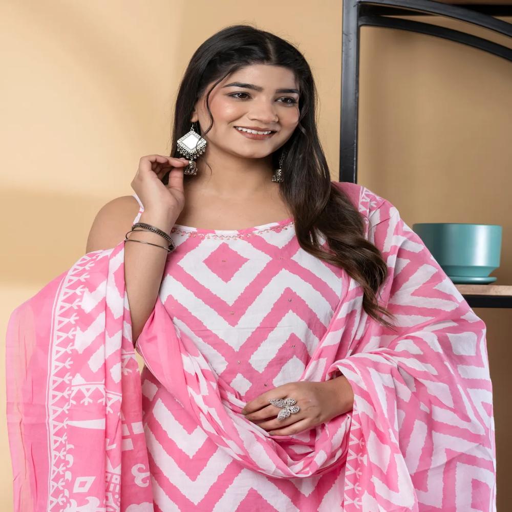 Straight Style Cotton Fabric Pink Color Kurta And Bottom With Dupatta