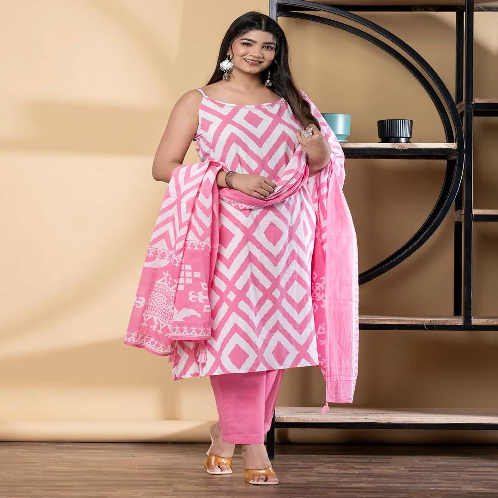 Straight Style Cotton Fabric Pink Color Kurta And Bottom With Dupatta