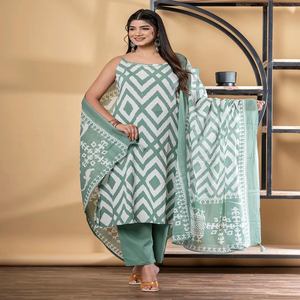 Straight Style Cotton Fabric Green Color Kurta And Bottom With Dupatta