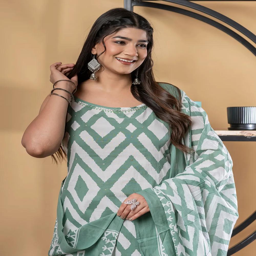 Straight Style Cotton Fabric Green Color Kurta And Bottom With Dupatta