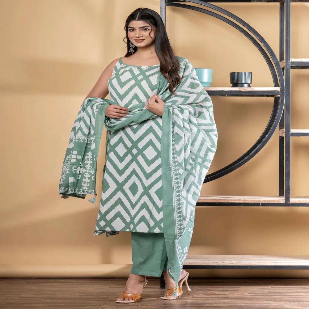 Straight Style Cotton Fabric Green Color Kurta And Bottom With Dupatta