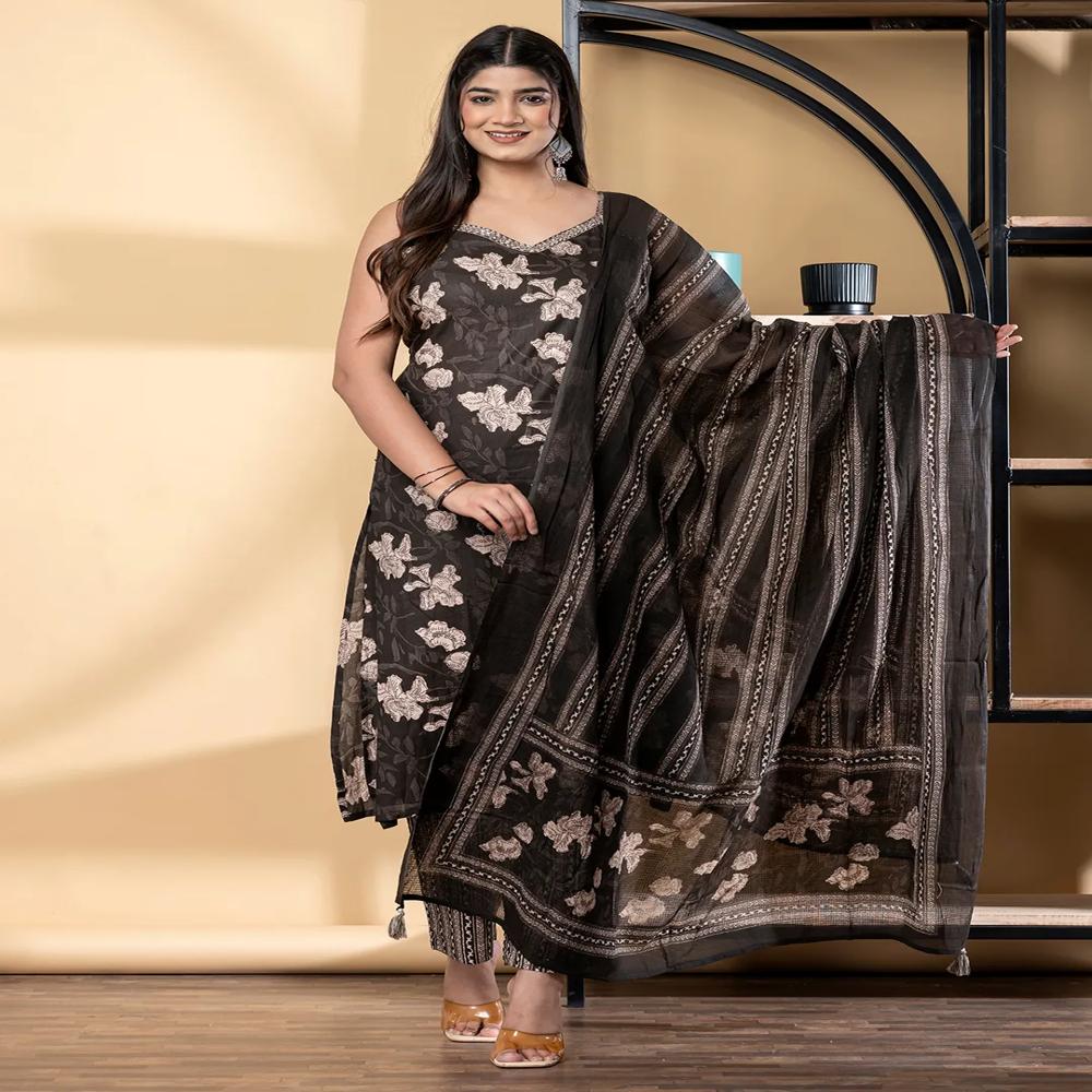 Straight Style Cotton Fabric Brown Color Kurta And Bottom With Dupatta