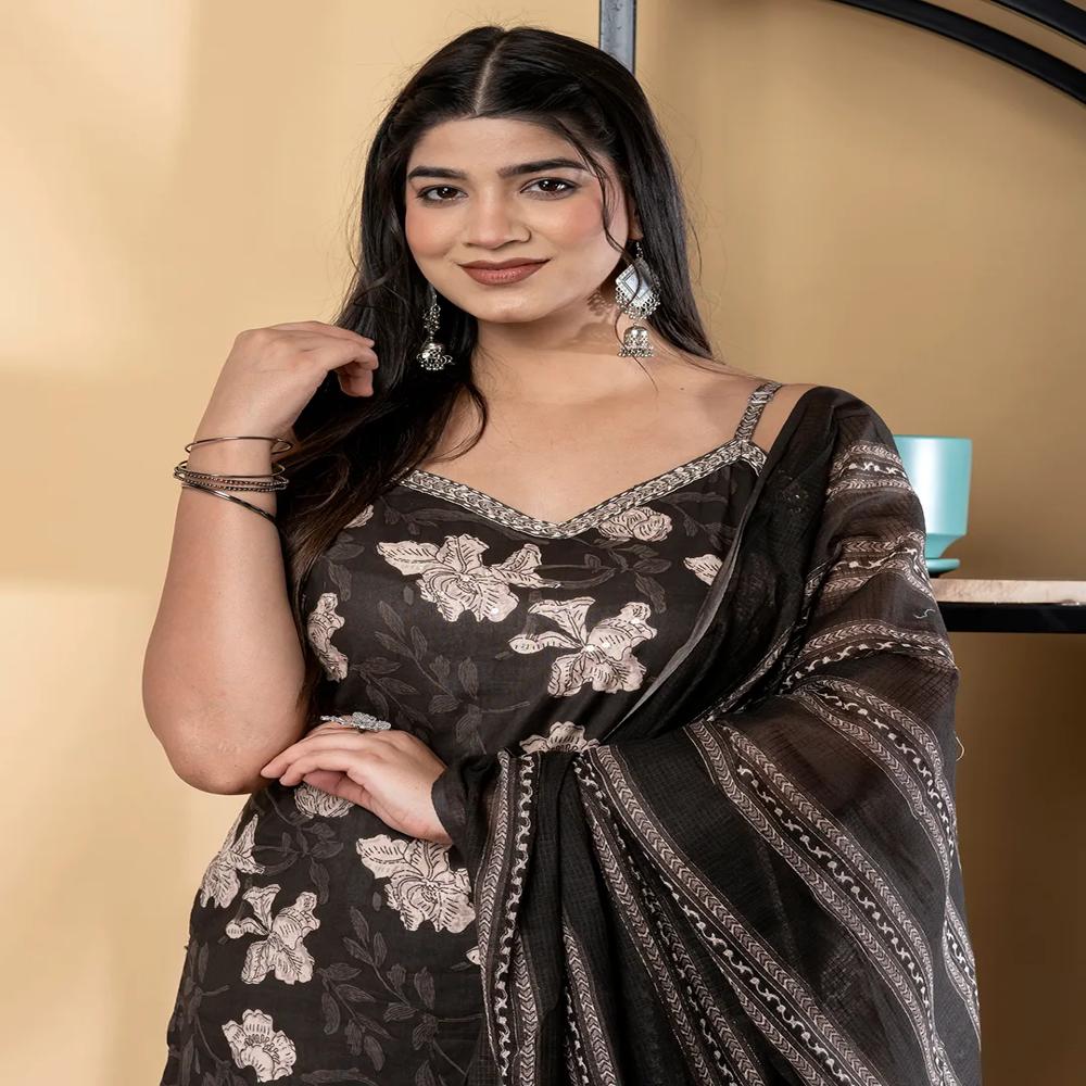 Straight Style Cotton Fabric Brown Color Kurta And Bottom With Dupatta