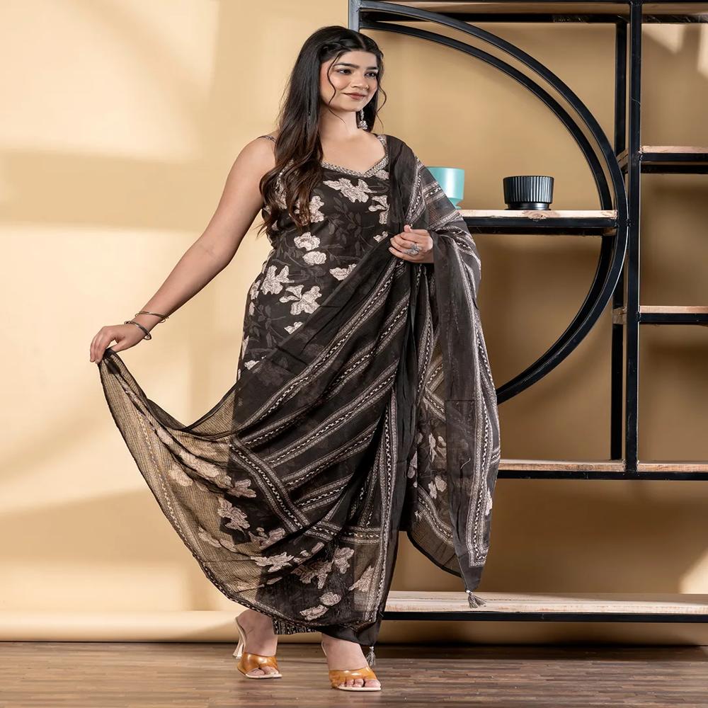 Straight Style Cotton Fabric Brown Color Kurta And Bottom With Dupatta