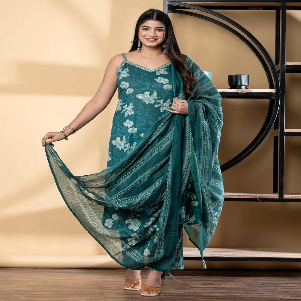 Straight Style Cotton Fabric Green Color Kurta And Bottom With Dupatta