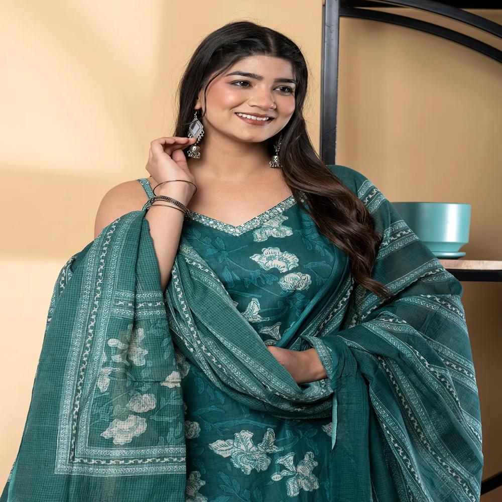 Straight Style Cotton Fabric Green Color Kurta And Bottom With Dupatta