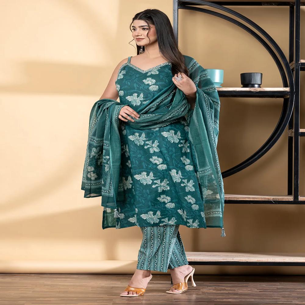 Straight Style Cotton Fabric Green Color Kurta And Bottom With Dupatta