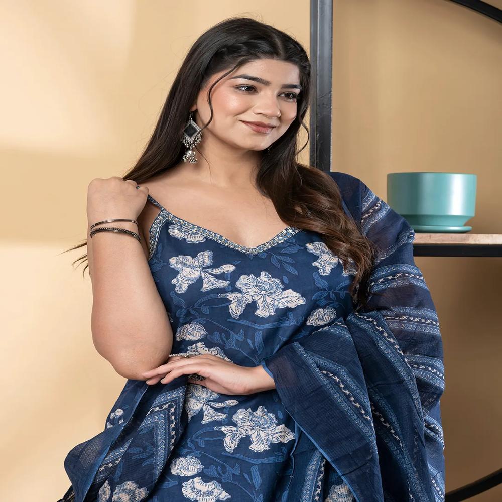 Straight Style Cotton Fabric Blue Color Kurta And Bottom With Dupatta