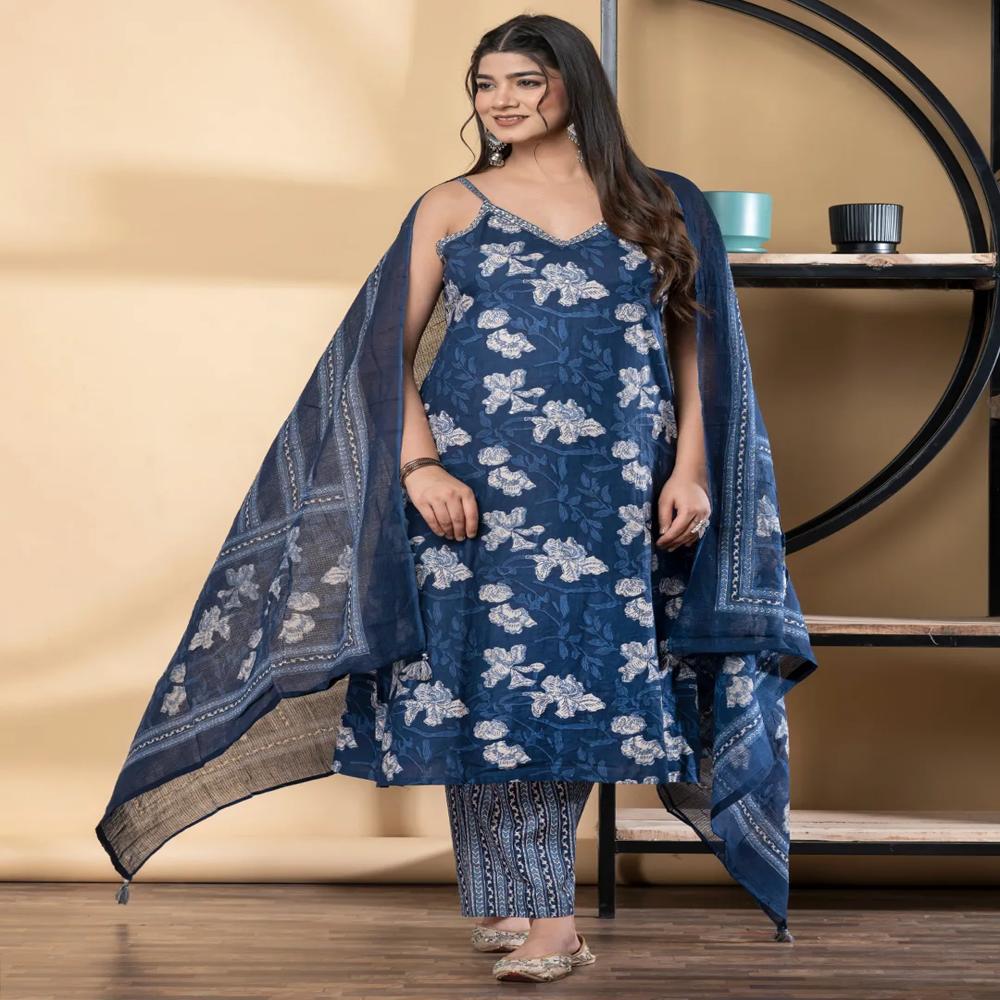 Straight Style Cotton Fabric Blue Color Kurta And Bottom With Dupatta