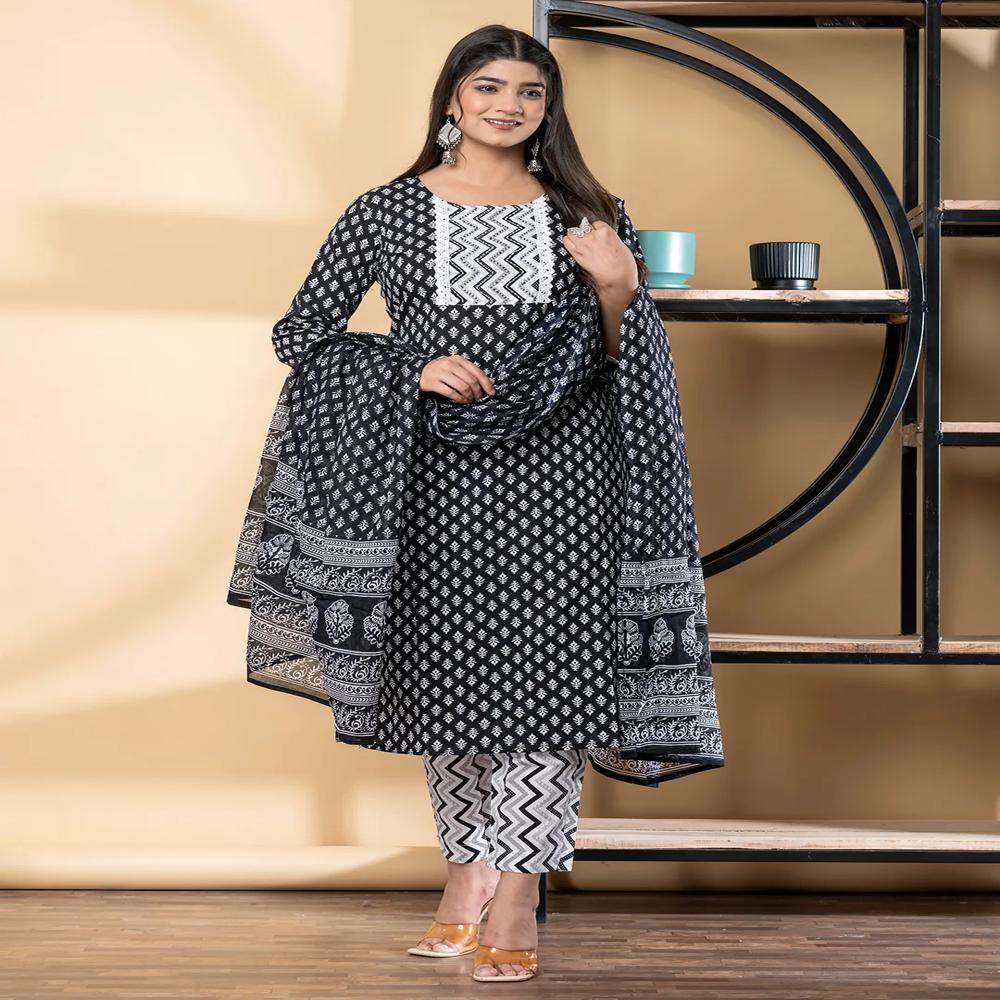 Straight Style Cotton Fabric Black Color Kurta And Bottom With Dupatta