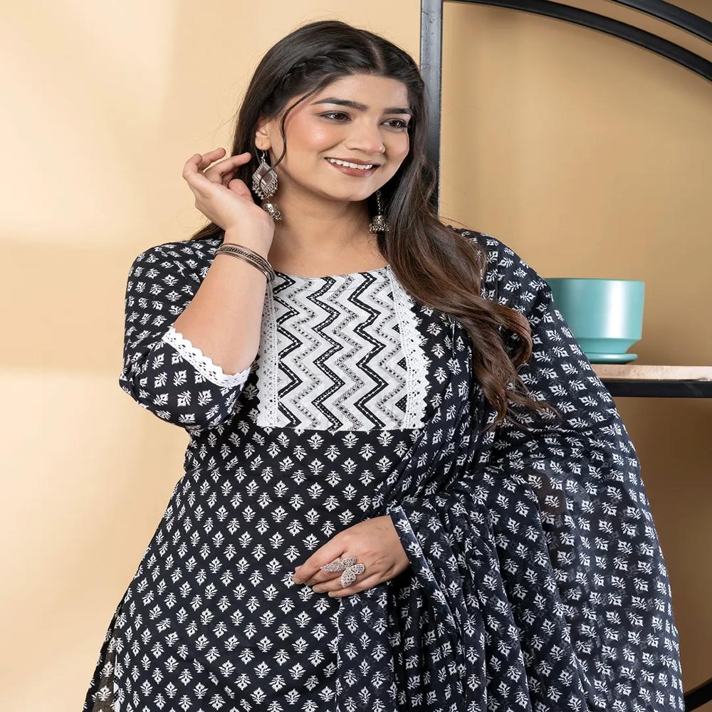 Straight Style Cotton Fabric Black Color Kurta And Bottom With Dupatta