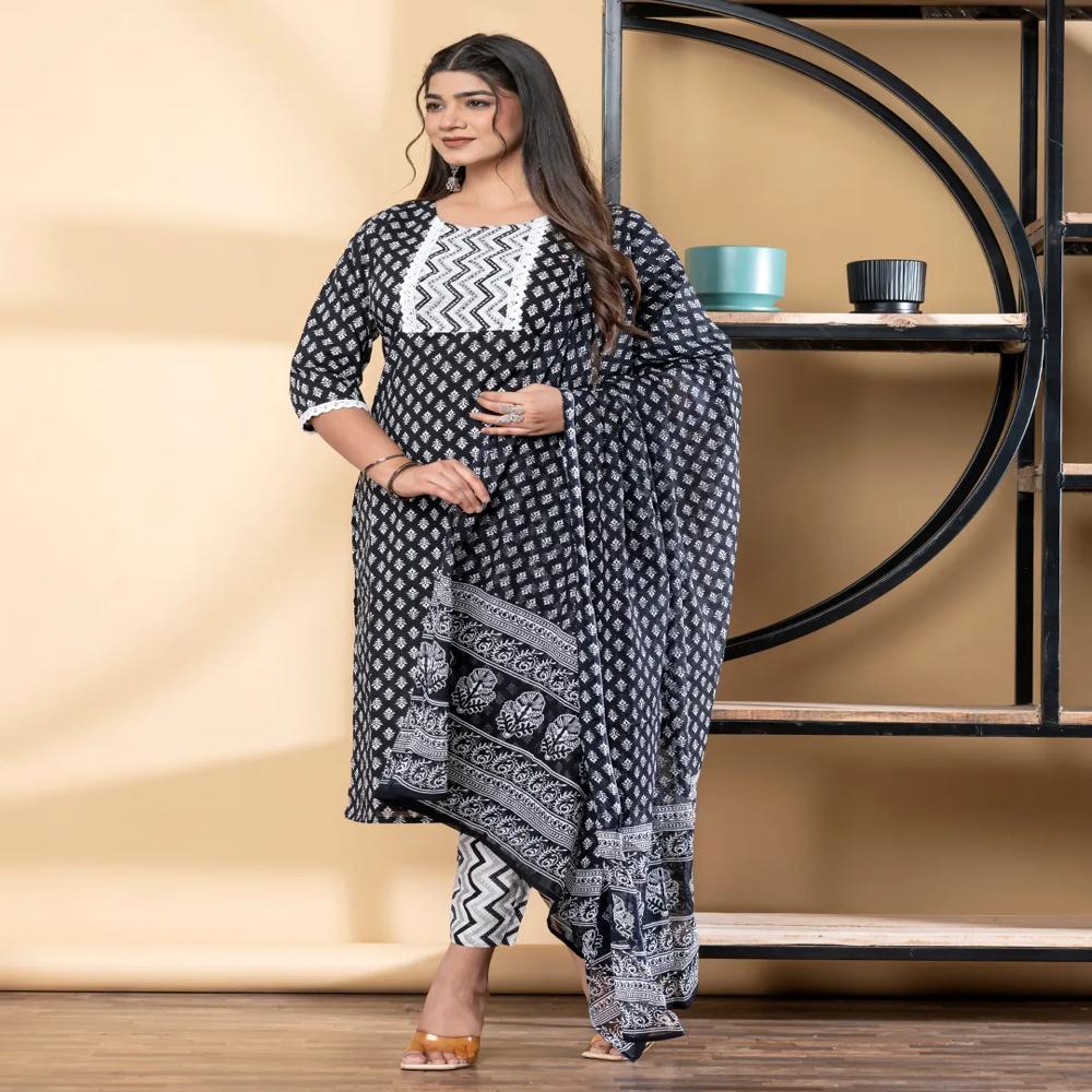 Straight Style Cotton Fabric Black Color Kurta And Bottom With Dupatta