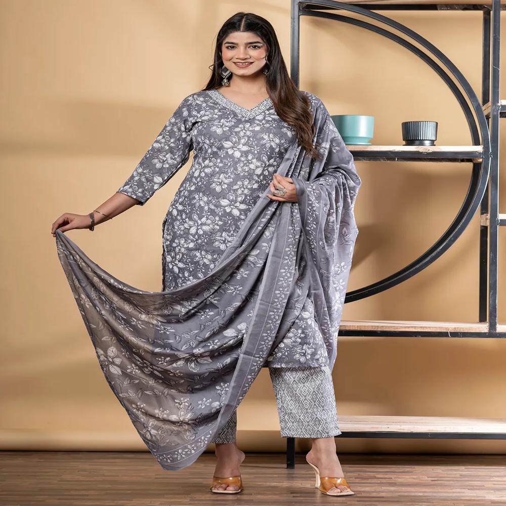 Straight Style Poly Cotton Fabric Grey Color Kurta And Bottom With Dupatta