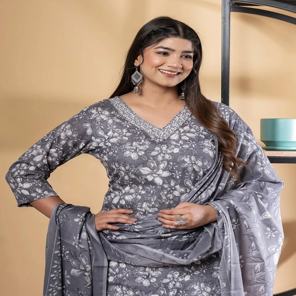 Straight Style Poly Cotton Fabric Grey Color Kurta And Bottom With Dupatta