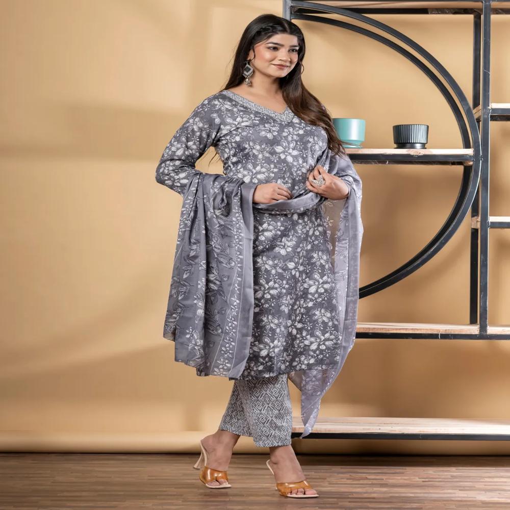 Straight Style Poly Cotton Fabric Grey Color Kurta And Bottom With Dupatta
