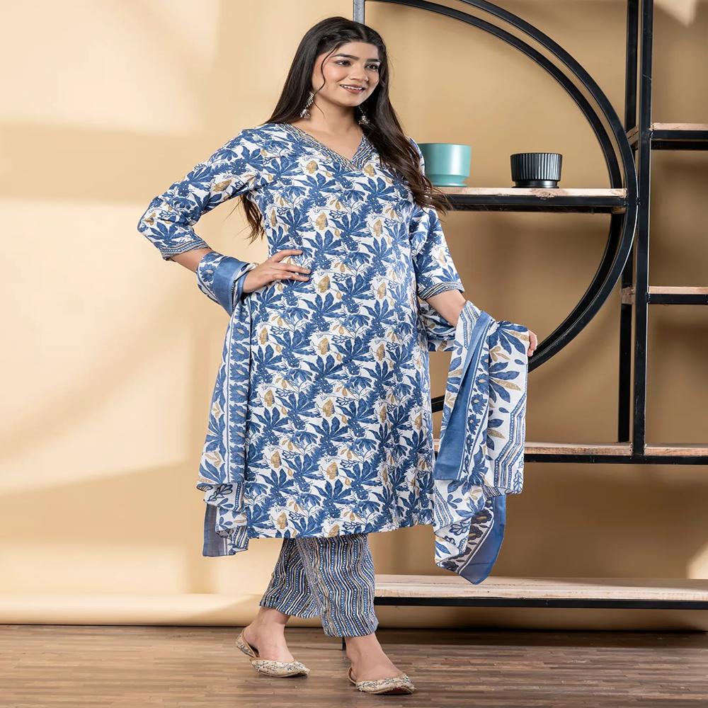 Straight Style Poly Cotton Fabric Blue Color Kurta And Bottom With Dupatta