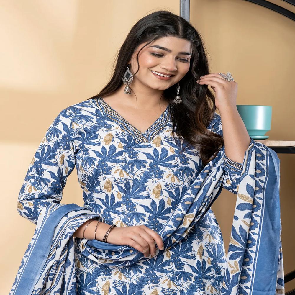 Straight Style Poly Cotton Fabric Blue Color Kurta And Bottom With Dupatta
