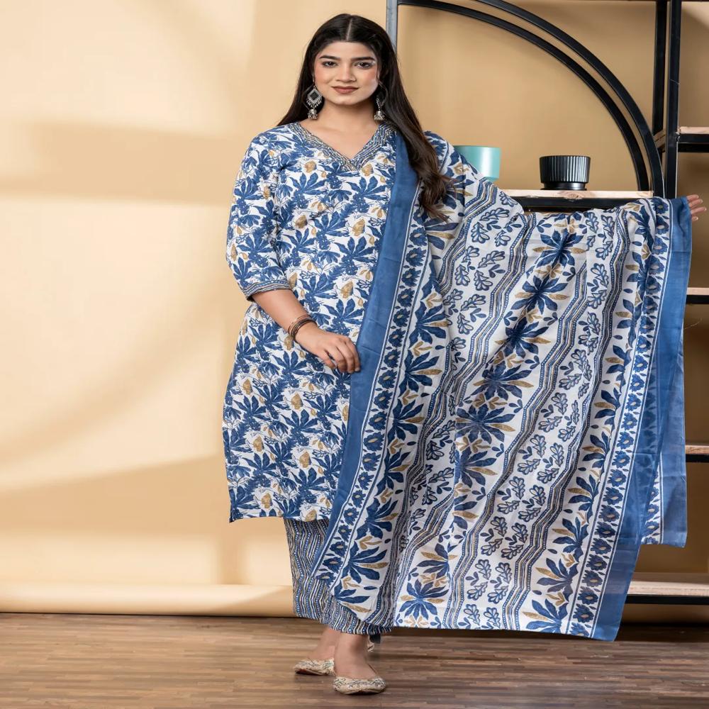 Straight Style Poly Cotton Fabric Blue Color Kurta And Bottom With Dupatta