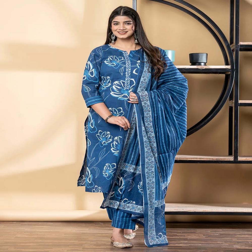 Straight Style Cotton Fabric Blue Color Kurta And Bottom With Dupatta