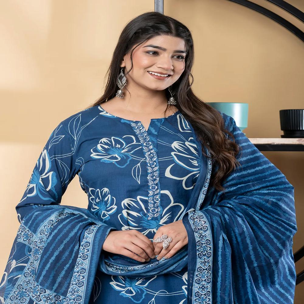 Straight Style Cotton Fabric Blue Color Kurta And Bottom With Dupatta