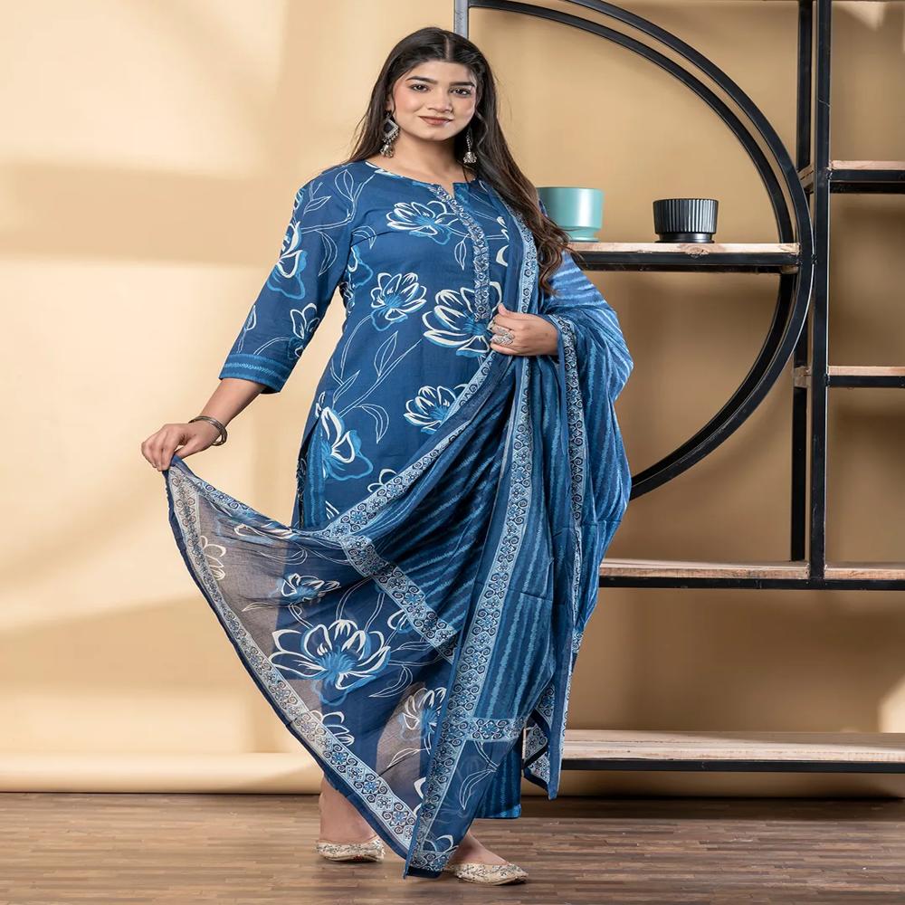 Straight Style Cotton Fabric Blue Color Kurta And Bottom With Dupatta
