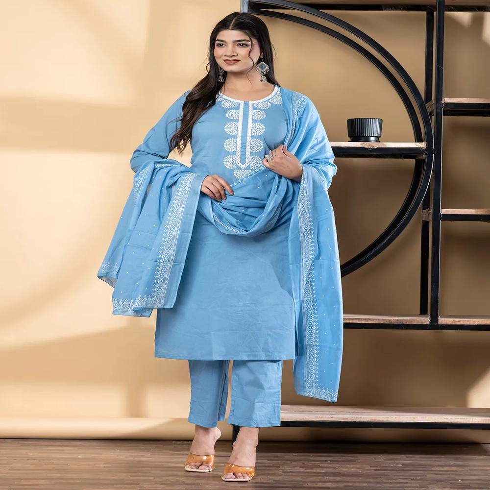 Straight Style Cotton Blend Fabric Blue Color Kurta And Bottom With Dupatta