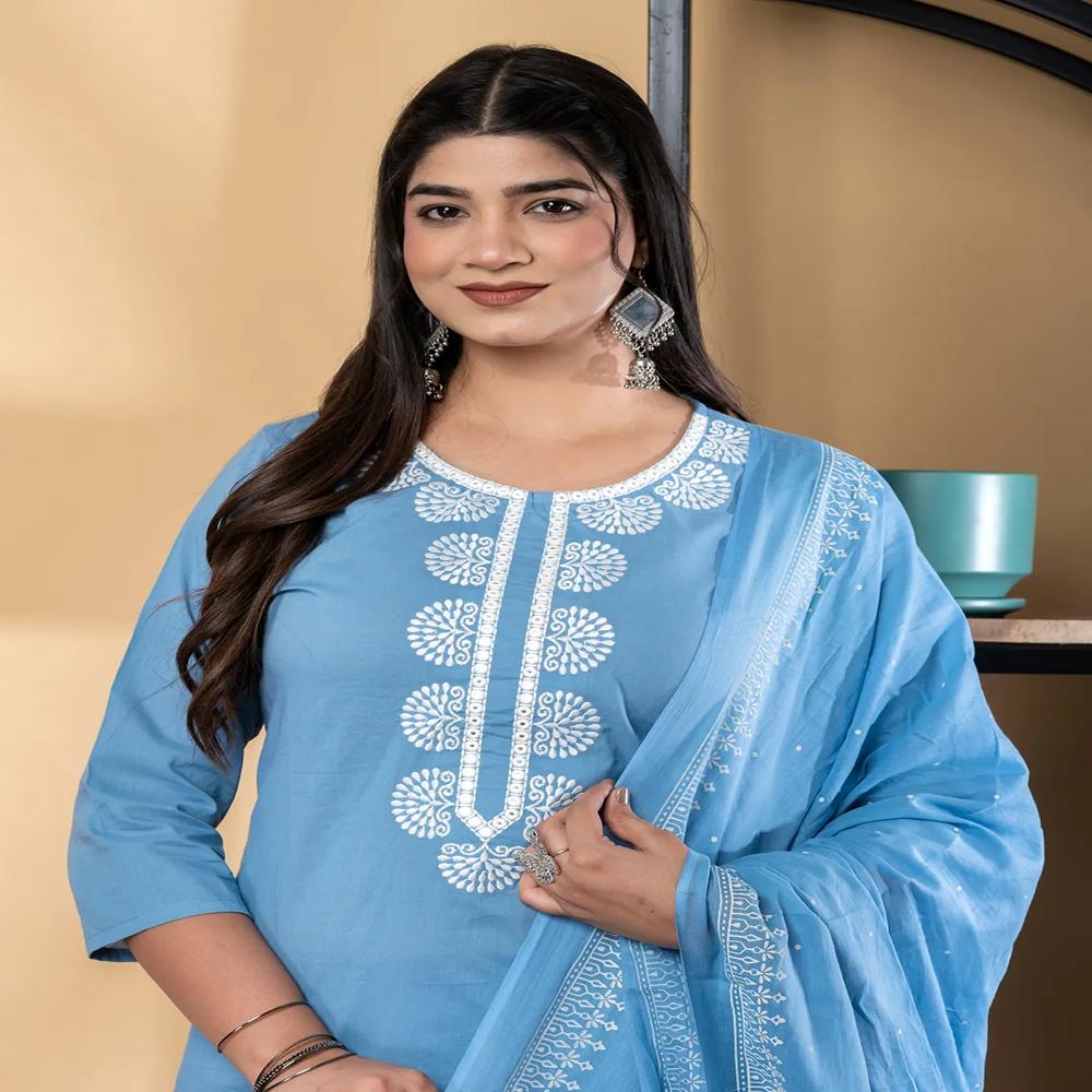 Straight Style Cotton Blend Fabric Blue Color Kurta And Bottom With Dupatta