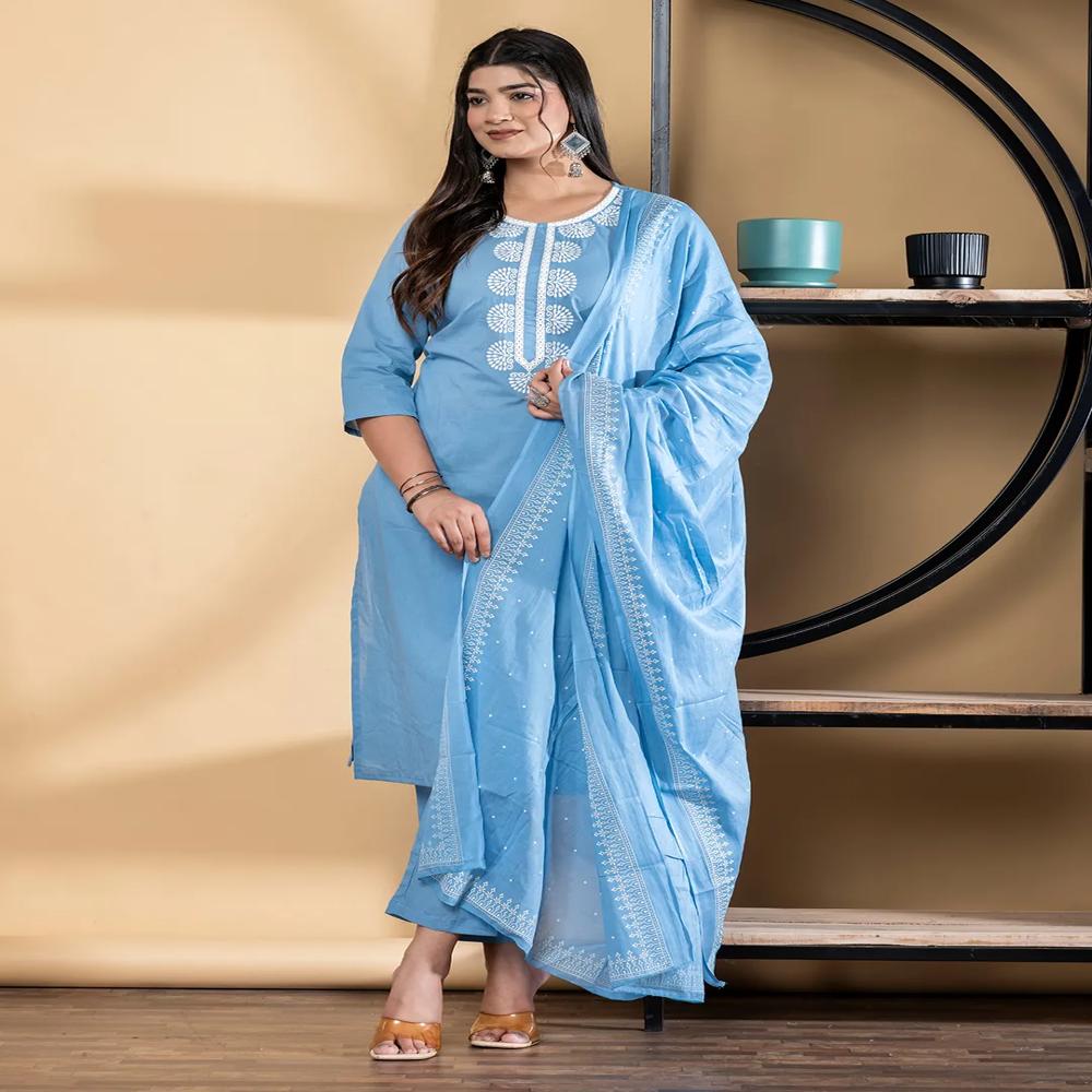 Straight Style Cotton Blend Fabric Blue Color Kurta And Bottom With Dupatta